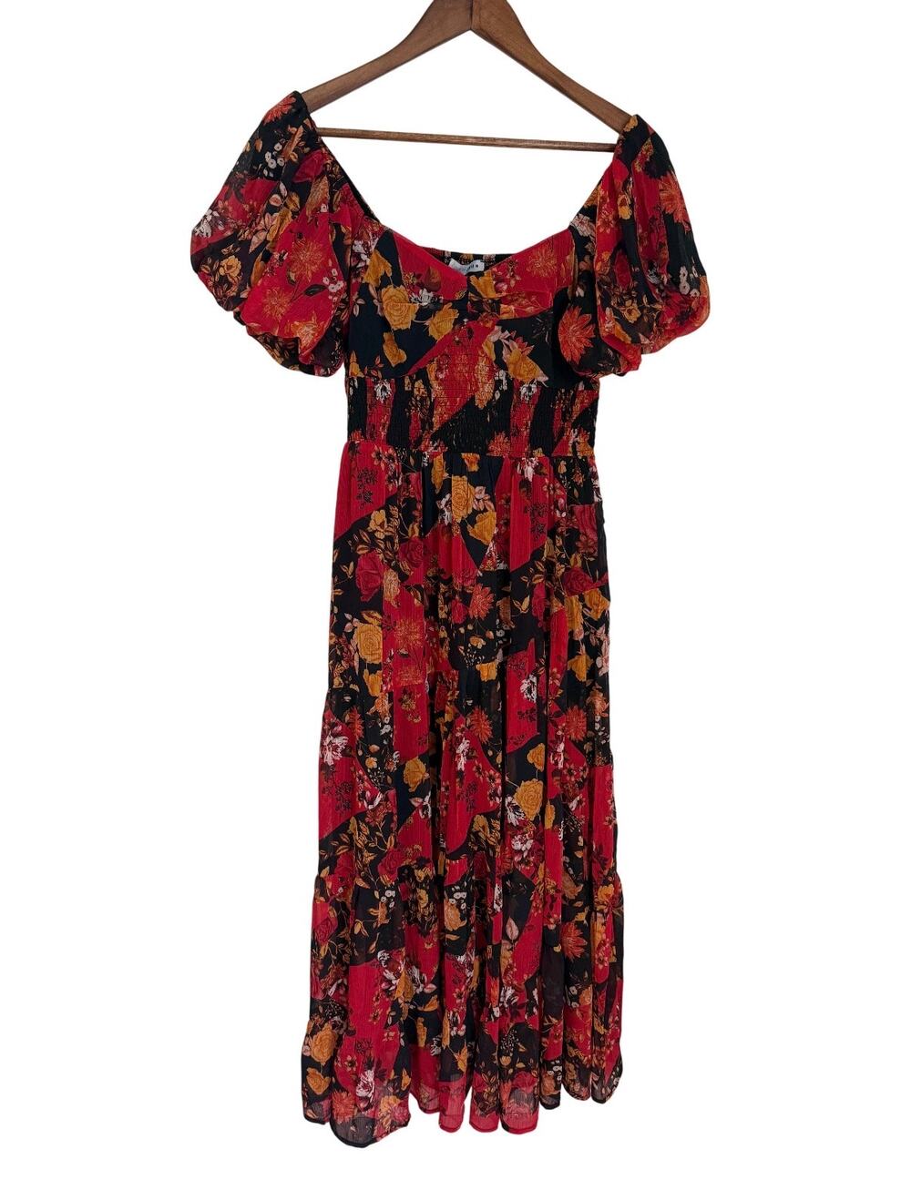 Baltic Born Red Patchwork Romantic Sweetheart Neckline Puff Sleeve Maxi Dress